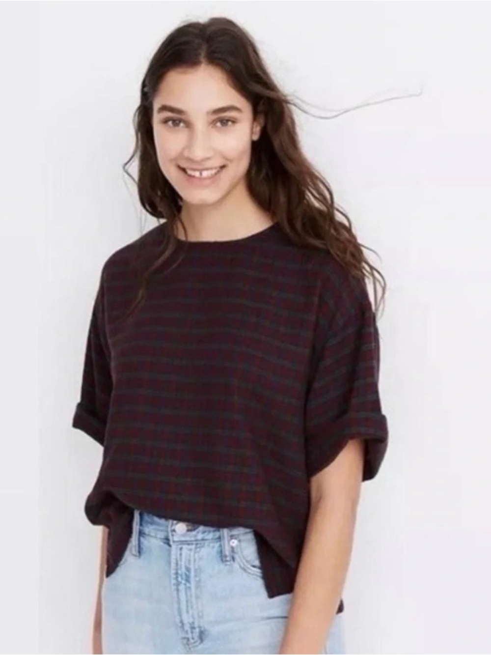 Madewell Dark Burgundy Plaid Short-Sleeve Crewneck Tee